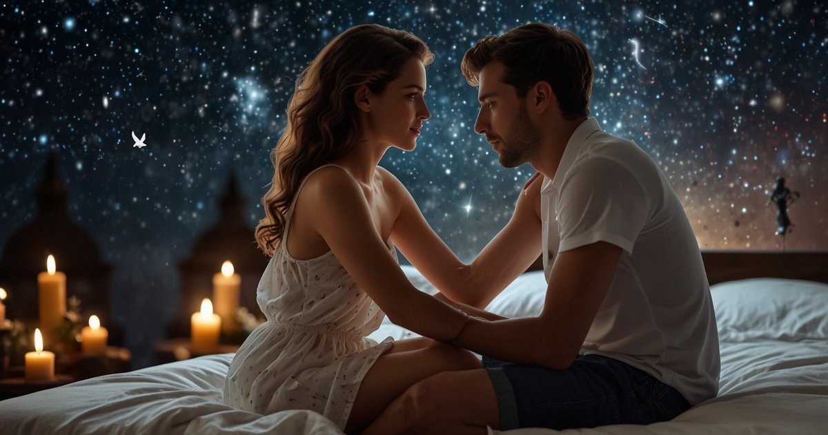 ผู้หญิงกับผู้ชายอยู่บนเตียง นั่งหันหน้าเข้าหากัน ฉากหลังเป็นท้องฟ้าที่มีดาวสว่างมากมาย