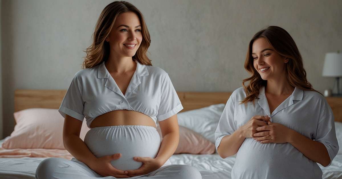 ผู้หญิงตั้งครรภ์มีผมยาวสีน้ำตาล ใส่ชุดนอนนั่งจับท้องอยู่ที่ปลายเตียง